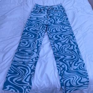 These are a Medium, light blue and blue patterned jeans from Pacsun.